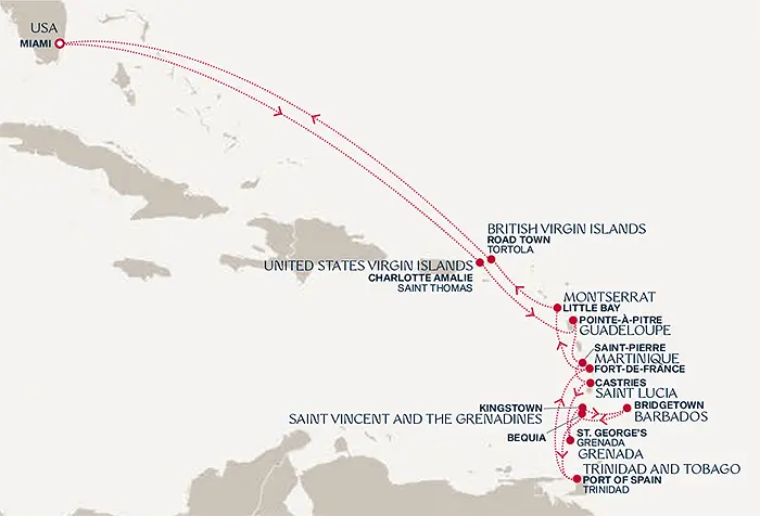 Explora II Single- & Flug-Special Die Ultimative Karibik-Entdecker-Luxuskreuzfahrt - ab/bis Miami (17 Nchte) - Routenbild